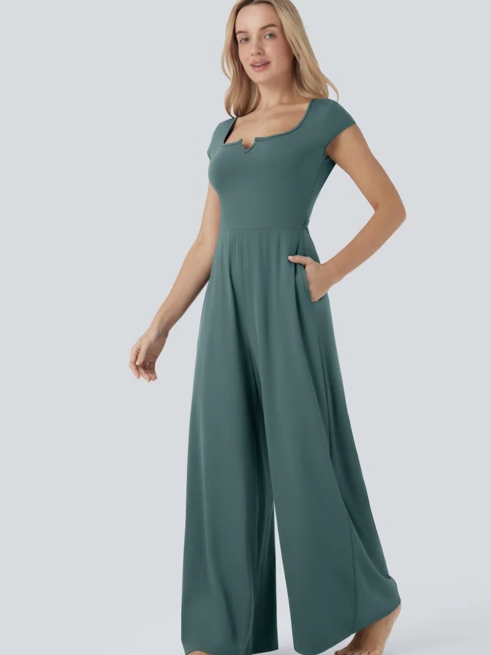 HALARA Teal Wide-Leg Scoop-Neck Jumpsuit